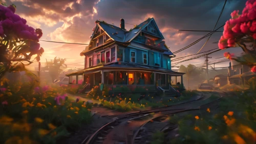 victorian house,victorian,wooden houses,little house,lonely house,witch's house,summer cottage,home landscape,aurora village,wooden house,beautiful home,cottage garden,neighbourhood,evening atmosphere,flower shop,witch house,small house,world digital painting,old home,game art