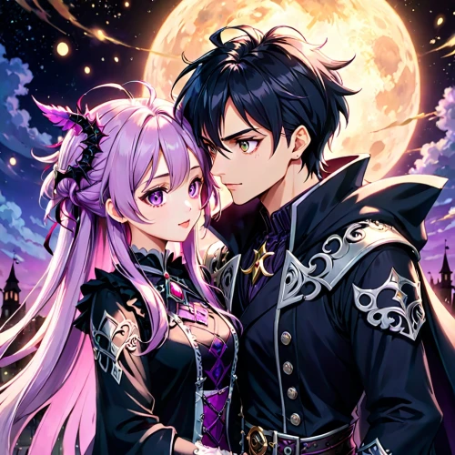 halloween banner,halloween background,valentine banner,halloween wallpaper,prince and princess,dusk background,valentine background,valentines day background,moon and star background,easter banner,the moon and the stars,angel and devil,halloween illustration,purple moon,purple wallpaper,moon and star,cg artwork,reizei,vampires,beautiful couple,Anime,Anime,Traditional