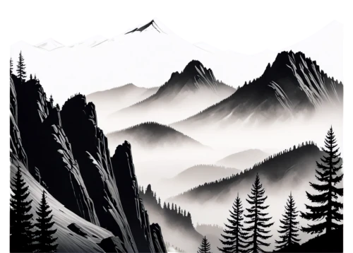 mountains,mountain scene,snowy peaks,moutains,mountain landscape,high mountains,mountainous landscape,salt meadow landscape,mountain ranges,foggy mountain,cool woodblock images,mountain slope,mountain,mountain range,snowy mountains,mountainside,spruce needle,cascade mountain,giant mountains,travel poster,Illustration,Black and White,Black and White 35