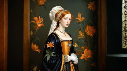 elizabeth i,tudor,holbein,florentine,bellini,cepora judith,portrait of christi,meticulous painting,queen anne,orange blossom,the angel with the veronica veil,portrait of a woman,floral ornament,beautiful bonnet,girl with a pearl earring,portrait of a girl,dress form,young lady,paintings,flemish