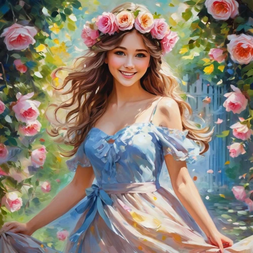 girl in flowers,beautiful girl with flowers,flower painting,oil painting on canvas,oil painting,romantic portrait,blooming wreath,art painting,blooming roses,photo painting,splendor of flowers,flower fairy,flower background,spray roses,girl in the garden,girl in a wreath,vietnamese woman,flower art,floral wreath,young woman,Conceptual Art,Oil color,Oil Color 10