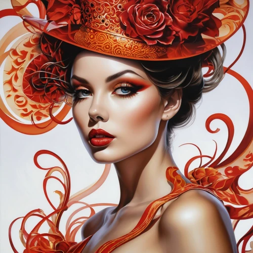 the hat of the woman,fashion illustration,beautiful bonnet,red hat,the hat-female,woman's hat,headdress,ladies hat,tiger lily,the carnival of venice,black hat,showgirl,fantasy art,amaryllis,lady in red,queen of hearts,feather headdress,art painting,red rose,lollo rosso,Illustration,Realistic Fantasy,Realistic Fantasy 10