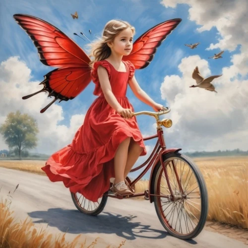 cupido (butterfly),red butterfly,flying girl,little girl fairy,woman bicycle,bicycle,vanessa (butterfly),little girl in wind,child fairy,wings transport,girl with a wheel,red fly,fairies aloft,bicycle ride,winged heart,bicycling,winged,fantasy picture,faery,julia butterfly