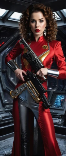 woman holding gun,female doctor,captain marvel,girl with gun,sci fi,star trek,scarlet witch,red super hero,girl with a gun,digital compositing,trek,female hollywood actress,red,red coat,red tunic,rifle,holding a gun,sci-fi,sci - fi,sterntaler,Conceptual Art,Daily,Daily 28