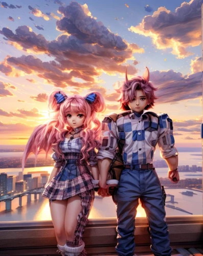 cosplay image,little boy and girl,above the city,angels of the apocalypse,sky rose,odaiba,anime japanese clothing,harajuku,couple goal,father and daughter,boy and girl,cosplay,on the roof,kawaii children,loving couple sunrise,pink dawn,dusk background,my hero academia,rooftop,3d fantasy