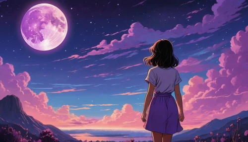 purple moon,moon and star background,earth rise,the moon and the stars,la violetta,purple landscape,dream world,lunar,moon and star,moonlight,moon phase,sci fiction illustration,the night sky,stars and moon,night sky,moon walk,astronomer,celestial body,the moon,moonlit night,Illustration,Japanese style,Japanese Style 07