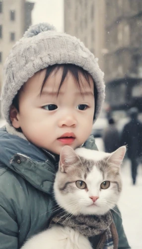 street cat,chinese pastoral cat,korean village snow,winter animals,cute cat,boy and dog,snow scene,cat lovers,photographing children,snowshoe,human and animal,baby carrier,two cats,vintage boy and girl,little boy and girl,father with child,white cat,vintage children,little cat,tenderness,Photography,Polaroid