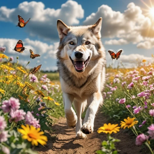 cheerful dog,bohemian shepherd,chasing butterflies,dog hiking,malamute,dog photography,canis lupus,flower background,herding dog,dog running,swedish vallhund,pet vitamins & supplements,butterfly background,canidae,animal photography,flower animal,wolfdog,howling wolf,running dog,dog-photography,Photography,General,Realistic