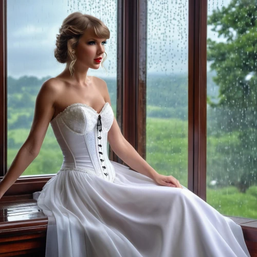blonde in wedding dress,wedding gown,wedding dresses,wedding dress,wedding dress train,bridal clothing,bridal dress,window covering,window curtain,country dress,white dress,ball gown,girl in white dress,window sill,debutante,enchanting,white winter dress,strapless dress,vintage dress,romantic look,Photography,General,Realistic