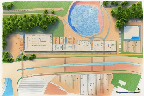 wastewater treatment,sewage treatment plant,canoe slalom,inland port,soccer-specific stadium,ski facility,construction area,wastewater,olympia ski stadium,cargo port,olympic park,aquaculture,qlizabeth olympic park,container terminal,sport venue,industrial area,container port,river course,water courses,floating production storage and offloading,Landscape,Landscape design,Landscape Plan,Colored Pencil
