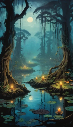 swampy landscape,fantasy landscape,swamp,bayou,fairy forest,elven forest,aquatic plants,enchanted forest,wetland,wetlands,forest landscape,fantasy picture,backwater,druid grove,riparian forest,fireflies,haunted forest,freshwater marsh,underground lake,forest glade,Illustration,American Style,American Style 09