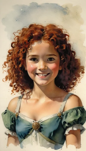 merida,little girl in wind,cinnamon girl,girl portrait,milkmaid,child portrait,redhead doll,child girl,a girl's smile,raggedy ann,girl with cloth,girl with cereal bowl,the little girl,girl drawing,fantasy portrait,young woman,gingerbread girl,portrait of a girl,girl in a historic way,photo painting,Illustration,Paper based,Paper Based 23