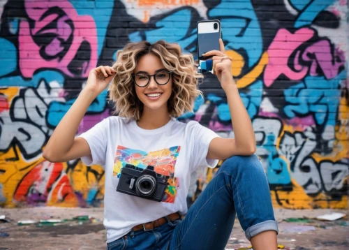 girl in t-shirt,a girl with a camera,tshirt,photos on clothes line,the blonde photographer,portrait photographers,pictures on clothes line,camera,photographer,dslr,print on t-shirt,camera photographer,nikon,portrait photography,taking photo,photo equipment with full-size,isolated t-shirt,photo-camera,colorful background,woman pointing,Unique,3D,Garage Kits