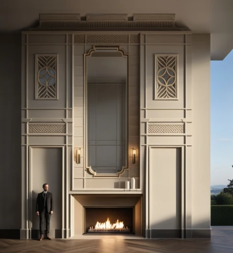 fireplace,fireplaces,fire place,fire screen,christmas fireplace,chiffonier,fire in fireplace,wood-burning stove,armoire,3d rendering,stucco frame,corinthian order,room divider,highclere castle,penthouse apartment,radiator,entertainment center,art deco frame,luxury home interior,masonry oven,Photography,General,Realistic