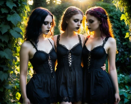 gothic dress,gothic fashion,black dresses,butterfly dolls,gothic portrait,gothic style,doll looking in mirror,corset,sirens,goth festival,mirror image,dark gothic mood,the three graces,mirror reflection,latex clothing,vamps,gothic,mirror of souls,mirrored,vampires,Illustration,Realistic Fantasy,Realistic Fantasy 46