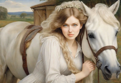 a white horse,white horse,horseback,horse herder,equestrian,white horses,palomino,equine,man and horses,albino horse,romantic portrait,horses,white lady,portrait animal horse,fantasy portrait,equestrianism,mystical portrait of a girl,young horse,horse,horsemanship,Digital Art,Classicism