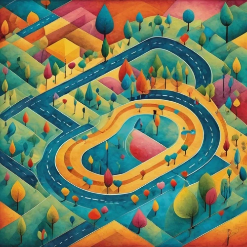 roundabout,escher village,playmat,khokhloma painting,traffic circle,crossroad,intersection,race track,winding road,orienteering,winding roads,roads,highway roundabout,detour,chalk drawing,aurora village,campground,racing road,oil on canvas,raceway,Unique,3D,Isometric