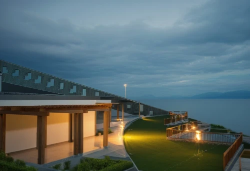 landscape lighting,montreux,japan's three great night views,security lighting,holiday villa,lavaux,lake thun,eco hotel,shimane peninsula,golf hotel,roof landscape,lake geneva,feng shui golf course,atitlan,chalet,inle lake,dunes house,uluwatu,house by the water,ocean view,Photography,General,Realistic
