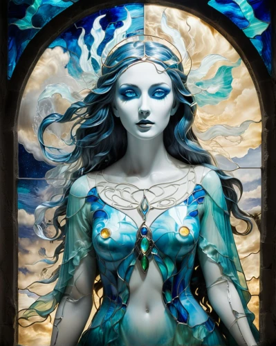 blue enchantress,art nouveau,fantasy art,the sea maid,rusalka,glass painting,art nouveau frame,stained glass,water nymph,merfolk,the snow queen,mermaid background,stained glass window,celtic queen,siren,fantasy portrait,art nouveau design,ice queen,mermaid vectors,fantasy woman,Unique,Paper Cuts,Paper Cuts 08