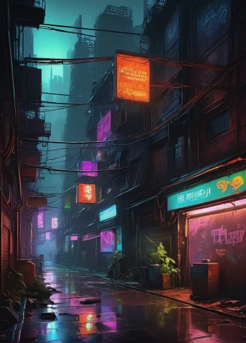 hanoi,cyberpunk,taipei,alleyway,colorful city,kowloon,cityscape,alley,shanghai,slum,world digital painting,rainy,shinjuku,tokyo city,tokyo,kyoto,urban,neon coffee,neon arrows,slums,Illustration,Retro,Retro 04