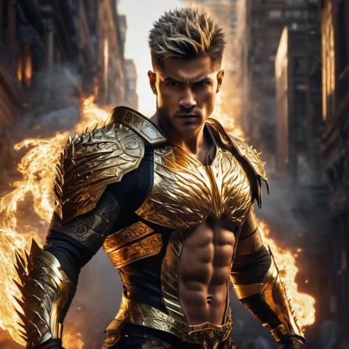god of thunder,aquaman,male character,drago milenario,human torch,cable,fantasy warrior,power icon,warrior east,male elf,fire background,steel man,hot metal,spark fire,the warrior,wolverine,cosplay image,hero,ken,edge muscle,Photography,General,Natural