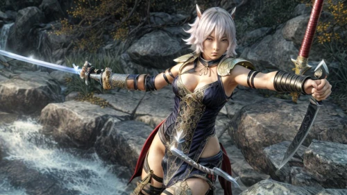 female warrior,swordswoman,tiber riven,dark elf,warrior woman,massively multiplayer online role-playing game,fantasy warrior,male elf,huntress,dragoon,male character,warrior pose,bow and arrows,longbow,game character,drg,katana,monsoon banner,silver arrow,excalibur