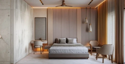 room divider,modern room,boutique hotel,sleeping room,contemporary decor,guest room,concrete ceiling,modern decor,bedroom,guestroom,bamboo curtain,danish room,japanese-style room,interior modern design,stucco wall,wall plaster,hallway space,great room,interior design,interiors