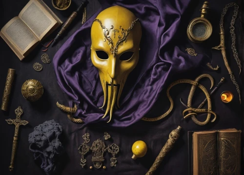 golden mask,gold mask,purple and gold,skeleton key,vanitas,gold and purple,skull mask,masquerade,venetian mask,the collector,mystery book cover,day of the dead skeleton,with the mask,scull,death's head,memento mori,dark art,death's-head,magic grimoire,purple and gold foil,Unique,Design,Knolling