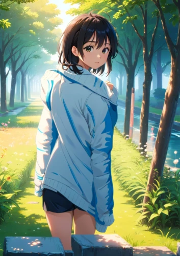 parka,summer coat,in the park,on the grass,walk in a park,in the forest,euphonium,summer evening,studio ghibli,spring background,springtime background,jacket,forest walk,dusk background,long-sleeve,summer background,child in park,digital painting,forest background,summer day,Anime,Anime,Realistic