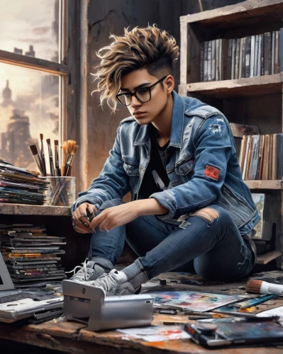 bookworm,librarian,hipster,tracer,music books,punk,vinyl records,beatnik,reading,artist portrait,vinyl player,music book,nerd,punk design,child with a book,boys fashion,music artist,coder,hipsters,girl studying,Conceptual Art,Fantasy,Fantasy 33