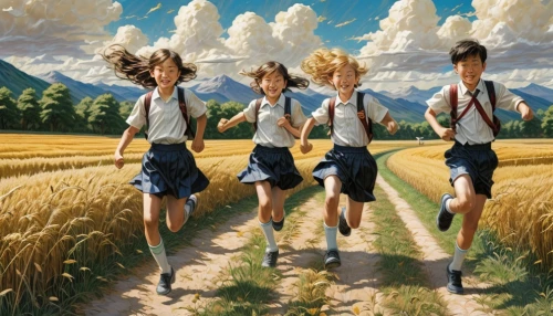 school children,field of cereals,studio ghibli,sound of music,wheat field,travelers,walk with the children,yamada's rice fields,wheat fields,straw field,the order of the fields,girl scouts of the usa,pilgrims,little girls walking,wheat crops,flying seeds,farm pack,fields,agriculture,scarecrows