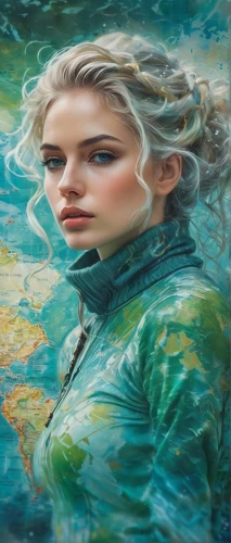 oil painting on canvas,the blonde in the river,girl on the river,oil painting,elsa,art painting,fantasy portrait,painting technique,oil on canvas,girl on the boat,glass painting,fantasy art,underwater background,meticulous painting,the wind from the sea,mystical portrait of a girl,green mermaid scale,water nymph,world digital painting,girl with a dolphin,Conceptual Art,Fantasy,Fantasy 05