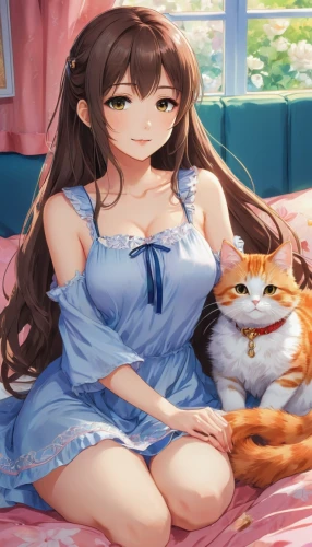 domestic long-haired cat,lap,cat resting,mikuru asahina,nyan,pet,calico,cat,cat mom,two cats,katz,cat in bed,calico cat,pajamas,cat's cafe,marmalade,ritriver and the cat,honmei choco,cheshire,seerose,Illustration,Japanese style,Japanese Style 03