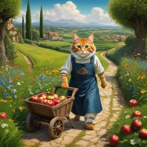 cart of apples,cat european,flower delivery,red tabby,cat image,apple harvest,caterer,fantasy picture,cat,flower cart,picking vegetables in early spring,gardener,flower cat,tea party cat,agricultural,farmer's market,ginger cat,chinese pastoral cat,vintage cat,picking apple