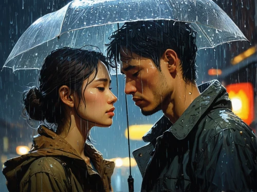 in the rain,romantic scene,walking in the rain,heavy rain,romantic portrait,rain,rainy day,golden rain,rainy,korean drama,asian umbrella,umbrellas,light rain,rainy season,blue rain,the sun and the rain,rain of fire,two people,raining,umbrella,Illustration,Realistic Fantasy,Realistic Fantasy 12