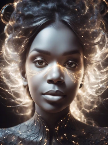 mystical portrait of a girl,bjork,aura,fantasy portrait,gemini,artificial hair integrations,drawing with light,black woman,avatar,fractalius,voodoo woman,medusa,divine healing energy,african woman,african american woman,aquarius,aborigine,black skin,digital compositing,afroamerican