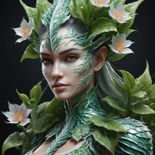 dryad,elven flower,fantasy portrait,flora,poison ivy,body painting,bodypainting,faerie,green wreath,elven,faery,green dragon,fantasy art,mother nature,anahata,bodypaint,natura,the enchantress,laurel wreath,green skin,Conceptual Art,Fantasy,Fantasy 30