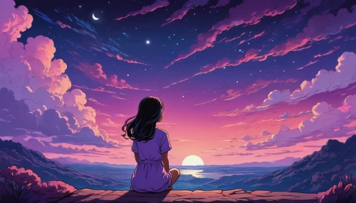 dusk background,purple landscape,pink dawn,dusk,landscape background,the horizon,night sky,dream world,to be alone,sunset,would a background,sky,dawn,daybreak,creative background,evening atmosphere,summer evening,before the dawn,falling stars,music background,Illustration,Japanese style,Japanese Style 07