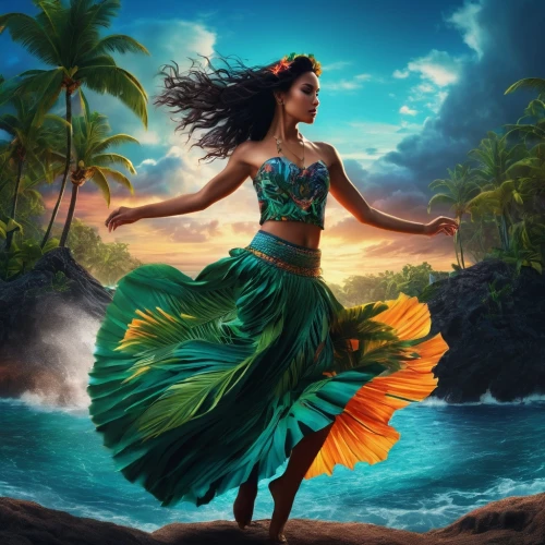 hula,moana,polynesian girl,mermaid background,luau,blue hawaii,aloha,tropical sea,merfolk,south pacific,polynesian,fantasy picture,green mermaid scale,bird of paradise,ocean paradise,tahiti,ocean background,polynesia,tropical floral background,the wind from the sea,Photography,General,Fantasy