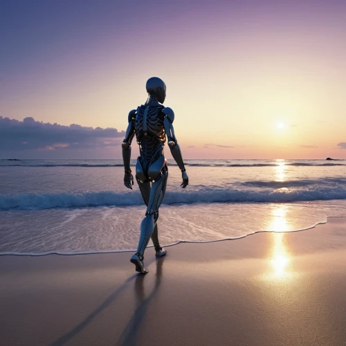 walking man,humanoid,artificial intelligence,steel man,ironman,walk on the beach,biomechanically,cybernetics,man at the sea,prospects for the future,beach walk,social bot,digital compositing,ai,human,robotics,wetsuit,endurance sports,automated,standing man,Photography,General,Realistic