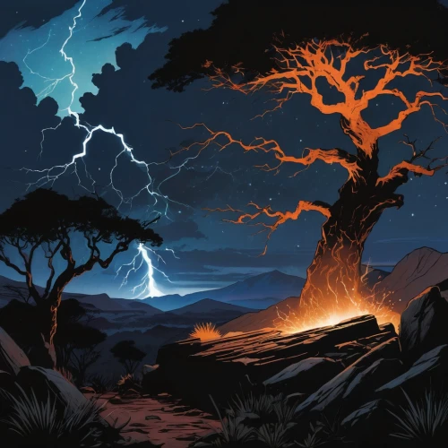 volcanic eruption,lightning storm,volcanic landscape,burning tree trunk,volcanic field,thunderstorm,volcano,volcanic,volcanos,volcanism,dragon tree,eruption,lava,tree of life,volcanic activity,lightning strike,the eruption,nature's wrath,magic tree,scorched earth,Conceptual Art,Daily,Daily 08