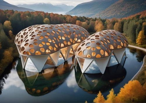 eco hotel,cube stilt houses,futuristic architecture,roof domes,honeycomb structure,eco-construction,floating huts,futuristic art museum,solar cell base,yurts,building honeycomb,cubic house,luxury hotel,mirror house,golden pavilion,futuristic landscape,very large floating structure,roof structures,wooden construction,archidaily,Photography,General,Cinematic