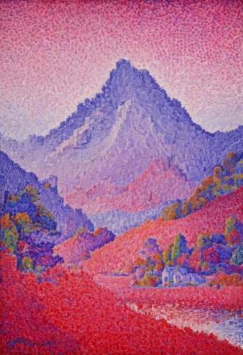 purple landscape,mountain scene,la violetta,tapestry,pointillism,sonoran,mountain landscape,uluru,mesquite flats,khokhloma painting,rinjani,landscape,mountainous landscape,desert landscape,fire mountain,panoramic landscape,the landscape of the mountains,sonoran desert,river landscape,mountains