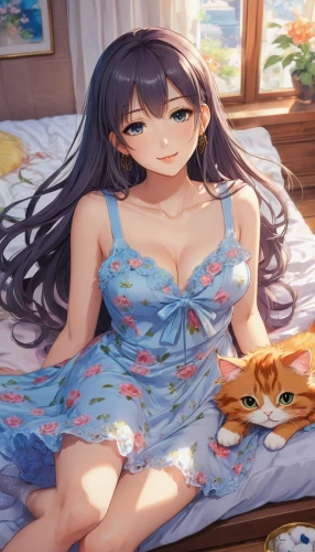 playmat,sonoda love live,citrus,pajamas,hinata,nyan,pollen panties,nightgown,background image,cat in bed,anime 3d,background images,lying down,anime japanese clothing,calico,calico cat,nightwear,would a background,sleeping room,unknown,Illustration,Japanese style,Japanese Style 03