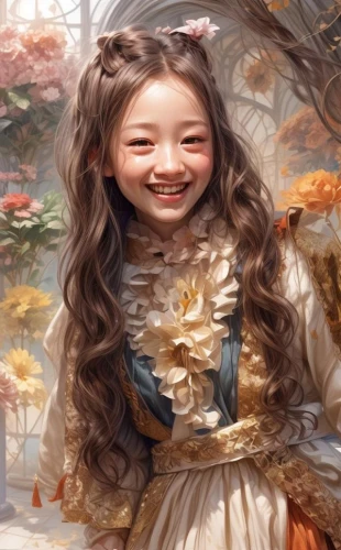 a girl's smile,chinese art,hanbok,oriental princess,oriental painting,fantasy portrait,cheery-blossom,oriental girl,portrait background,dongfang meiren,mystical portrait of a girl,shuanghuan noble,fairy tale character,little girl in wind,asian woman,flower fairy,flower girl,girl in flowers,chinese background,tan chen chen