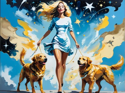 golden retriever,golden retriver,retriever,girl with dog,afghan hound,the stars,dog walker,andromeda,fila brasileiro,zodiac sign libra,the zodiac sign pisces,zodiac sign gemini,horoscope libra,runaway star,labrador retriever,star sign,vizla,horoscope taurus,artists of stars,horoscope pisces,Conceptual Art,Oil color,Oil Color 20