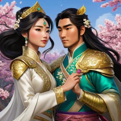 plum blossoms,yi sun sin,kimjongilia,adelphan,romantic portrait,wuchang,asian culture,young couple,beautiful couple,spring festival,mulan,portrait background,taiwanese opera,dancing couple,holding flowers,game illustration,plum blossom,prince and princess,wedding couple,husband and wife,Illustration,American Style,American Style 07