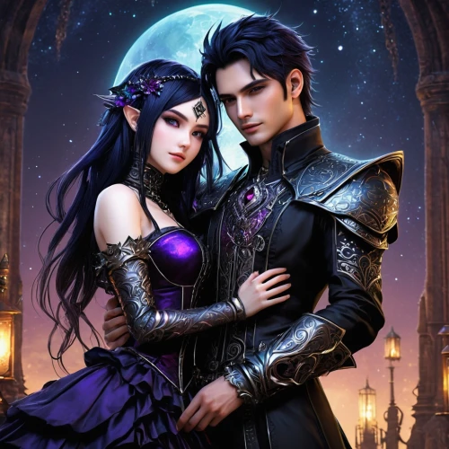 gothic portrait,fantasy picture,prince and princess,fantasy art,gothic,twilight,purple rose,nightshade family,la violetta,gothic style,romantic portrait,fantasy portrait,romance novel,twiliight,beautiful couple,gothic fashion,fairy tale,vampires,cg artwork,purple moon,Conceptual Art,Sci-Fi,Sci-Fi 05