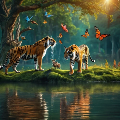 forest animals,animals hunting,woodland animals,hunting scene,fantasy picture,tigers,whimsical animals,tropical animals,animal world,world digital painting,wild animals,children's background,deep zoo,fantasy art,wild animals crossing,big cats,anthropomorphized animals,fall animals,exotic animals,fauna,Photography,General,Fantasy