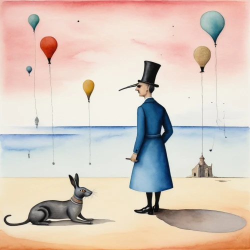 whimsical animals,cd cover,hans christian andersen,figaro,juggler,mary poppins,dog illustration,magician,surrealism,exploration of the sea,the pied piper of hamelin,italian greyhound,circus animal,book illustration,puppeteer,whimsical,wind finder,passepartout,gas balloon,illustrator,Art,Artistic Painting,Artistic Painting 49